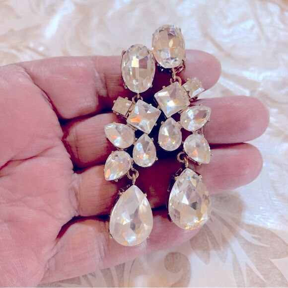 Jewelry - Large Crystal Rhinestones Pierced Earrings Gold Tone Metal Glam Bling 2.5”